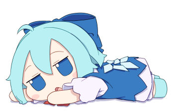 Rule 34 | 1girl, :o, ahoge, blue bow, blue dress, blue eyes, blue hair, blue shoes, blush stickers, bow, cirno, commentary request, double-parted bangs, dress, full body, fumo (doll), hair bow, highres, ice, ice wings, kame (kamepan44231), lying, on stomach, open mouth, pinafore dress, shirt, shoes, short hair, short sleeves, simple background, sleeveless, sleeveless dress, solo, touhou, white background, white shirt, wings