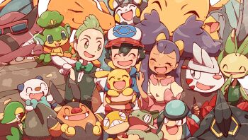 >_< 1girl 2boys ash_ketchum axew baseball_cap big_hair black_gloves black_hair black_vest blush boldore bow bowtie brown_eyes charizard cilan_(pokemon) claws closed_eyes commentary_request crustle dark-skinned_female dark_skin dragonite emolga excadrill eyelashes fangs gen_1_pokemon gen_5_pokemon glint gloves green_bow green_bowtie green_eyes green_hair hand_on_another's_shoulder hat highres holding holding_pokemon iris_(pokemon) krookodile leavanny long_hair long_sleeves multiple_boys nintendo no_sclera nostrils open_mouth oshawott palpitoad pansage pignite pikachu pokemon pokemon_(anime) pokemon_(creature) pokemon_bw_(anime) pokemon_on_arm purple_hair red-framed_eyewear scraggy sharp_teeth shirt short_hair short_sleeves smile snivy sunglasses teeth thick_eyebrows thumbs_up traditional_bowtie unfezant unfezant_(female) vest white_shirt yukikokoro