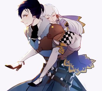1boy 1girl carrying carrying_person closed_eyes felix_hugo_fraldarius felix_hugo_fraldarius_(timeskip) fire_emblem fire_emblem:_three_houses fur_trim hair_ornament high_heels highres holding looking_at_another looking_back lysithea_von_ordelia lysithea_von_ordelia_(timeskip) mamegohan nintendo piggyback smile yellow_eyes