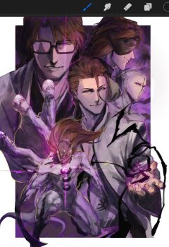 5boys abstract_background aizen_sousuke arm_blade art_program_in_frame black_kimono black_skin blank_eyes bleach border brown_hair coat collared_coat colored_extremities colored_skin cube eyepatch facing_to_the_side facing_viewer floating_hair glasses glowing glowing_eyes grin hair_between_eyes hair_slicked_back highres hogyoku_(bleach) hole_in_chest hole_in_stomach hole_on_body ikuyoan japanese_clothes kimono light_smile long_hair looking_at_viewer looking_to_the_side male_focus mature_male monster_boy multiple_boys multiple_persona no_lips no_mouth one_eye_covered open_clothes open_coat outside_border parted_lips profile purple_background purple_eyes rectangular_eyewear scar scar_on_face scar_on_forehead sharp_teeth shihakusho shirt short_hair signature smile smirk squatting striped_clothes striped_coat striped_kimono striped_shirt tail teeth twitter_username vertical-striped_clothes vertical-striped_coat vertical-striped_kimono vertical-striped_shirt weapon white_border white_coat white_shirt white_skin wings