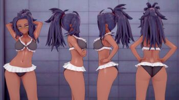 1girl 3d absurdres artist_request ass black_panties bra breasts dark_skin expressionless highres huge_ass large_breasts long_hair looking_at_viewer navel nintendo panties pokemon pokemon_sv ponytail purple_eyes purple_hair raifort_(pokemon) semi-rimless_eyewear shiny_skin solo under-rim_eyewear underwear underwear_only very_long_hair watch wide_hips