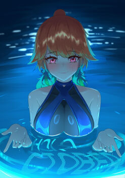 absurdres blue_one-piece_swimsuit breasts chainsaw_man closed_mouth earrings feather_earrings feathers gradient_hair green_hair highres hololive hololive_english i&#039;ll_teach_you_everything_(chainsaw_man) jewelry large_breasts long_hair looking_at_viewer multicolored_hair official_alternate_costume one-piece_swimsuit partially_submerged perfume_(takanashi_kiara) pink_eyes ring_light_reflection scene_reference see-through_clothes see-through_one-piece_swimsuit smile specwamen swimsuit takanashi_kiara virtual_youtuber water wet