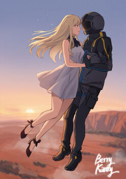 1boy 1girl absurdres bare_arms bare_shoulders berrykanry black_gloves black_pants black_shoes blonde_hair blue_eyes blue_sky breasts character_request commentary_request day dress gigi_andalusia gloves grey_dress grey_jacket gundam gundam_hathaway's_flash helm helmet highres holding_hands jacket long_hair looking_at_another midair motorcycle_helmet outdoors pants parted_lips shoes signature sky sleeveless sleeveless_dress small_breasts sunset very_long_hair