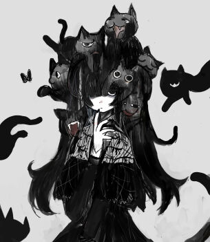 Rule 34 | 1girl, absurdres, black cat, black dress, black eyes, black hair, black nails, black tail, bug, butterfly, cat, chuhaibane, commentary, dress, english commentary, hair over one eye, hand up, highres, insect, long hair, long sleeves, original, pale skin, simple background, solo, too many, too many cats, white background