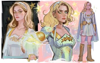 1boy blonde_hair boots breasts brown_boots cape chibi chibi_inset dress french-unicorn full_body gold_trim hairband highres long_hair medium_breasts multiple_views outstretched_hand sketch sparkling_eyes standing starlight_(the_boys) superhero_costume the_boys upper_body wavy_hair white_cape white_dress white_hairband yellow_eyes