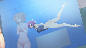 2girls absurdres bikini collar closed_eyes fate/grand_order fate_(series) freediving fujimaru_ritsuka_(female) glass_wall goggles heart highres holding_breath mash_kyrielight multiple_girls one_eye_covered orange_hair purple_hair rou_(rou22) short_hair side_ponytail surprised swimming swimsuit timer underwater wet