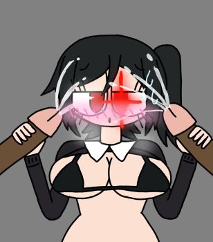 1girl 2boys anthonyartisthk black_hair blush dark-skinned_male dark_skin double_handjob glowing glowing_eyes grey_background handjob highres interracial multiple_boys paradysium penis red_eyes side_ponytail simple_background solo_focus upper_body