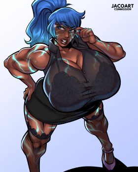 Rule 34 | 1girl, absurdres, adjusting eyewear, artist name, black bra, black shirt, black skirt, black thighhighs, blue eyes, blue hair, bra, breasts, collared shirt, dark-skinned male, dark skin, hana howard, highres, jacogramc, large breasts, long hair, looking at viewer, original, ponytail, see-through clothes, see-through shirt, see-through thighhighs, shirt, skirt, sleeveless, sleeveless shirt, thighhighs, underwear, very dark skin