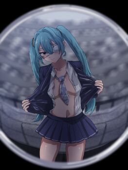 belly between_breasts blue_eyes blue_hair blush breasts eyepatch hatsune_miku highres kamatani_ranger medical_eyepatch medium_breasts miniskirt monitoring_(vocaloid) necktie partially_undressed school_uniform shirt skirt thighs twintails white_shirt