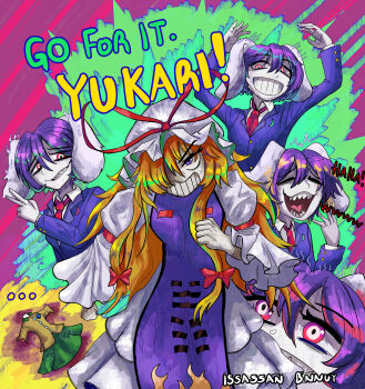 Rule 34 | 3girls, absurdres, angry, animal ears, blazer, blonde hair, blue hair, bow, clenched teeth, collared shirt, crescent, dress, english text, fangs, green skirt, hair bow, hair over one eye, hat, highres, jacket, koishi komeiji's heart-throbbing adventure, komeiji koishi, laughing, long hair, long sleeves, looking at viewer, lunaticbunny023, mob cap, multiple girls, multiple views, necktie, nervous sweating, open mouth, purple eyes, rabbit ears, red bow, red eyes, red necktie, red ribbon, reisen (touhou bougetsushou), ribbon, scene reference, shirt, short hair, skirt, smile, sweat, teeth, torso only, touhou, v, white dress, yakumo yukari, yellow shirt