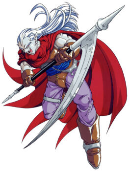 Rule 34 | armor, boots, brown boots, cape, chrono trigger, earrings, evil smile, gloves, holding, holding scythe, jewelry, leather, leather armor, leather gloves, magus (chrono trigger), muscular, muscular male, non-web source, official art, pale skin, pants, purple pants, red cape, red eyes, scythe, smile, toriyama akira, traditional media