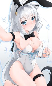 Rule 34 | 1girl, absurdres, ahoge, alternate costume, animal ear fluff, animal ears, aqua eyes, aqua nails, aqua ribbon, arm up, armpits, blush, braid, breasts, cleavage, closed mouth, covered navel, detached collar, fake animal ears, fox ears, fox girl, fox tail, highres, hololive, large breasts, leotard, long hair, looking at viewer, pentagram, playboy bunny, ribbon, shirakami fubuki, side braid, simple background, smile, st-147, strapless, strapless leotard, tail, thigh strap, virtual youtuber, white background, white leotard