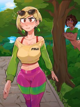 2girls :| absurdres areola_slip blonde_hair blue_sky blush body_blush bottomless bra_strap breasts breasts_out bright_pupils brown_eyes brown_hair bush cameltoe caught cleavage closed_mouth clothed_female_nude_female clothes_lift cloud convenient_censoring cropped_shirt dark-skinned_female dark_nipples dark_skin day diforland doggystyle earrings embarrassed eyewear_on_head feet_out_of_frame fila flying_sweatdrops gene_(diforland) grabbing_another's_waist grass green_pants green_shirt green_sleeves highres implied_sex jewelry karen_(diforland) large_breasts logo looking_at_another looking_at_viewer midriff multicolored_hair multiple_girls nail_polish navel necklace nipples nude off_shoulder open_mouth original outdoors pants path pink_pants public_indecency purple_eyes purple_nails pursed_lips red_nails road sex_from_behind shirt shirt_lift short_hair short_sleeves sky sports_bra sportswear straight-on sunglasses sunglasses_on_head sweat teeth tree two-tone_hair two-tone_pants unworn_eyewear upper_teeth_only walking white_pupils yellow-framed_eyewear yellow_shirt yoga_pants