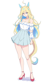 1girl ahoge alternate_costume animal_ears arm_behind_back bare_shoulders blonde_hair blue_eyes blue_hair breasts cleavage collarbone colored_inner_hair full_body grey_skirt hair_between_eyes high_heels highres horse_ears horse_girl horse_tail long_hair long_sleeves looking_at_viewer medium_breasts multicolored_hair neo_universe_(umamusume) off-shoulder_shirt off_shoulder pleated_skirt shirt simple_background skirt solo tail take978733141 two-tone_hair two-tone_tail umamusume white_background white_shirt