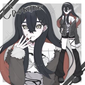 alternate_costume black_hair black_shoes black_shorts carmine_(pokemon) character_name choker colored_inner_hair ear_piercing earrings fur-trimmed_jacket fur_trim hair_between_eyes hair_ornament hairband hairclip highres jacket jewelry long_hair mole multicolored_hair multiple_views nail_polish nintendo piercing pokemon pokemon_sv red_hair shirt shoes shorts split-color_hair two-tone_hair white_shirt yellow_eyes yon_(motomu22)