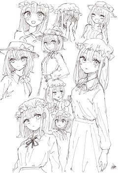 Rule 34 | 2girls, :d, alternate costume, blush, bow, closed mouth, collared shirt, commentary, covering face, embarrassed, hair between eyes, hair bow, hand in own hair, hand on own hip, hat, hat bow, highres, kashiwada kiiho, long sleeves, maribel hearn, medium hair, mob cap, multiple girls, neck ribbon, necktie, open mouth, ribbon, shirt, shirt tucked in, short hair, signature, simple background, sketch, skirt, smile, standing, sweater, touhou, usami renko, waving, white background, white hat