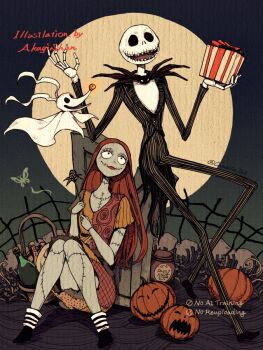 1girl 2boys akagi_shun diamond_hairband formal_clothes jack_skellington jacket long_hair long_sleeves looking_at_viewer male_focus multiple_boys open_mouth patchwork_clothes pinstripe_pattern pinstripe_suit pumpkin sally_(nbc) skeleton skeleton_print smile stitches striped_clothes striped_vest suit the_nightmare_before_christmas vertical-striped_clothes vertical-striped_vest vest zero_(nbc)
