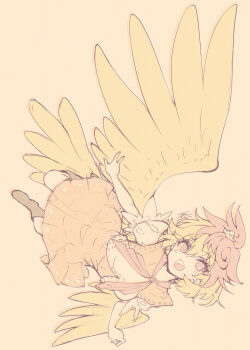 Rule 34 | 1girl, absurdres, animal, animal on head, baby animal, bird, bird on head, bird tail, bird wings, boots, brown boots, carbohydrate (asta4282), chick, commentary, dress, feathered wings, full body, highres, looking at viewer, multicolored hair, niwatari kutaka, on head, open mouth, orange background, orange dress, puffy short sleeves, puffy sleeves, red eyes, red hair, short hair, short sleeves, simple background, solo, tail, touhou, two-tone hair, wings, yellow wings