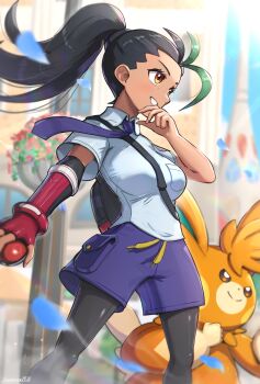 1girl absurdres bag black_gloves black_hair black_leggings blush breast_pocket breasts brown_eyes cargo_shorts closed_mouth collared_shirt dark-skinned_female dark_skin fingerless_gloves freckles gloves gonzarez green_hair highres holding holding_poke_ball large_breasts leggings leggings_under_shorts long_hair multicolored_hair necktie nemona_(pokemon) nintendo open_mouth outdoors pantyhose pawmot pocket poke_ball poke_ball_(basic) pokemon pokemon_(creature) pokemon_sv ponytail purple_necktie purple_shorts school_uniform shirt short_sleeves shorts smile streaked_hair teeth two-tone_hair uva_academy_school_uniform white_shirt