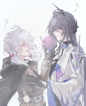 Rule 34 | 2girls, ?, absurdres, acheron (honkai: star rail), ahoge, alternate costume, armor, belt, chinese commentary, cloak, closed eyes, commentary request, confused, food, from side, fruit, gloves, hair ornament, hair over one eye, happy, highres, honkai: star rail, honkai (series), honkai impact 3rd, hood, hooded cloak, jacket, kiana kaslana, long hair, long sleeves, multiple girls, nuomizhiaigaojuanxingya, open clothes, open jacket, open mouth, peach, purple eyes, purple hair, shoulder armor, simple background, twintails, white hair