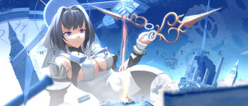 2girls absurdres battle blue_eyes blue_hair blue_sky breasts chain cleavage_cutout clock clock_hands clock_tower clothing_cutout commentary detached_sleeves english_commentary english_text faceoff giant giantess hair_intakes hairband highres hololive hololive_english large_breasts lying multiple_girls on_side ouro_kronii ouro_kronii_(1st_costume) parted_lips rubble ryo_(ryo_artys) short_hair size_difference sky star_(sky) starry_sky time time_paradox tower virtual_youtuber watson_amelia