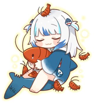 1girl :3 barefoot blue_hair blunt_bangs blush_stickers chibi chibi_only closed_eyes commentary ebi-chan_(gawr_gura) full_body gawr_gura gawr_gura_(1st_costume) highres hololive hololive_english hug multicolored_hair same_anko shrimp simple_background smile solo streaked_hair two-tone_hair two_side_up virtual_youtuber white_hair