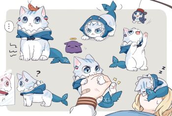 animal_hood animalization biting_another's_hand biting_hand blonde_hair bloop_(gawr_gura) blue_eyes blue_hair blue_hoodie cat cat_on_person cat_teaser drooling fins fish_tail gawr_gura grey_hair hololive hololive_english hood hoodie medium_hair multicolored_hair on_head reflection shark_hood shark_tail shrimp sleeping sleeping_on_person streaked_hair sweatdrop tail takodachi_(ninomae_ina'nis) virtual_youtuber watson_amelia white_hair yuuyu_(777) zzz