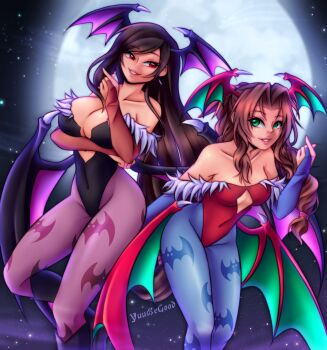 2girls aerith_gainsborough bare_shoulders bat_wings black_hair boots breasts brown_hair cleavage cosplay covered_navel crossover darkstalkers final_fantasy final_fantasy_vii green_eyes highres large_breasts leotard lilith_(darkstalkers) lilith_(darkstalkers)_(cosplay) long_hair medium moon morrigan_aensland morrigan_aensland_(cosplay) multiple_girls night pantyhose red_eyes skin_tight stars tagme tifa_lockhart wings yuube yuubegood