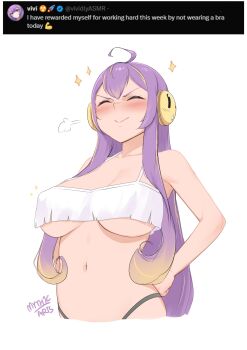 1girl absurdres ahoge artist_name blonde_hair blush breasts cleavage closed_eyes closed_mouth colored_tips doyagao highres indie_virtual_youtuber long_hair multicolored_hair myth1carts navel purple_hair smile smug solo sparkle stomach streaked_hair twitter virtual_youtuber vividly_vivi