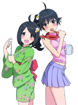 2girls ahoge araragi_karen araragi_tsukihi black_hair blush breasts commentary_request egg_hair_ornament food-themed_hair_ornament hair_ornament highres itoma_mahimahi japanese_clothes kimono long_hair looking_at_viewer monogatari_(series) multiple_girls navel nisemonogatari open_mouth pleated_skirt short_hair siblings side_ponytail simple_background sisters skirt toothbrush white_background