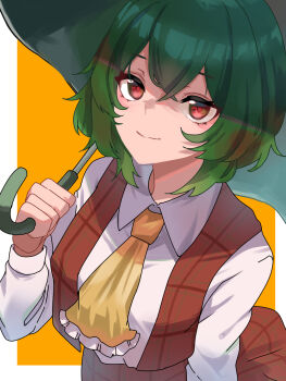 Rule 34 | 1girl, amateru, ascot, collared shirt, commentary request, green hair, green umbrella, highres, kazami yuuka, looking at viewer, medium hair, red eyes, shirt, solo, touhou, umbrella, upper body, white shirt, yellow ascot, yellow background