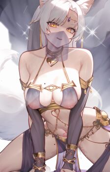 1girl absurdres animal_ear_fluff animal_ears asymmetrical_bangs breasts commentary_request commission convenient_arm dancer detached_sleeves earrings eun_soyeon_(lustyfox) fox_ears fox_girl fox_tail gold_collar headpiece heart-shaped_lock highres jewelry kneeling large_breasts leaning_forward long_hair mellow_(srpp4843) mole mole_on_breast mole_on_thigh mouth_veil navel nipples open_mouth original parted_bangs pelvic_curtain pixiv_commission pubic_tattoo pussy_juice see-through_clothes solo sparkle stomach tail tattoo veil yellow_eyes