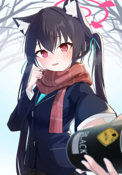 1girl :d absurdres adapted_costume animal_ear_fluff animal_ears bare_tree black_hair black_jacket black_skirt blue_archive blue_ribbon blurry blush buttons can canned_coffee cat_ears cat_girl coffee commentary_request day depth_of_field drink_can english_text extra_ears hair_between_eyes hair_ribbon halo hand_up highres holding holding_can incoming_food jacket long_hair long_sleeves looking_at_viewer no_ra339 open_mouth outdoors outstretched_arm pink_halo plaid_clothes plaid_skirt red_eyes red_scarf ribbon scarf school_uniform serika_(blue_archive) skirt smile solo straight_hair tree twintails very_long_hair winter