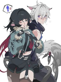 1boy 1girl :q animal_ears black_gloves black_pantyhose black_shorts black_thighhighs blunt_bangs blush cat_boy cat_ears cat_tail closed_mouth cowboy_shot eye_contact fingerless_gloves fingernails gloves green_jacket hair_between_eyes heart high-waist_shorts highres holding_another&#039;s_arm jacket jane_doe_(zenless_zone_zero) looking_at_another mouse_ears mouse_girl mouse_tail multicolored_hair nail_polish one_eye_closed pantyhose purple_eyes red_hair red_nails seth_lowell short_hair shorts sidelocks simple_background single_leg_pantyhose single_thighhigh smile tail tail_around_another&#039;s_leg tail_wrap thighhighs thighs tongue tongue_out torn_clothes torn_pantyhose torn_thighhighs two-tone_hair uoongpig white_background white_hair zenless_zone_zero