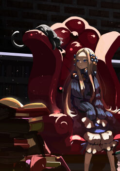 1girl abigail_williams_(fate) abigail_williams_(first_ascension)_(fate) black_bow black_dress black_hat blonde_hair bloomers blue_eyes book bow breasts cat chair close-up commentary_request dress fate/grand_order fate_(series) forehead gajumaru09 hair_bow hat highres long_hair long_sleeves looking_to_the_side orange_bow parted_bangs ribbed_dress sitting sleeves_past_fingers sleeves_past_wrists small_breasts underwear unworn_hat unworn_headwear white_bloomers