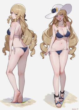 1girl absurdres alternate_costume artist_name ass bare_legs bare_shoulders barefoot bikini bikini_pull black_bow black_flower blonde_hair blue_bikini blue_eyes blush bow breasts butt_crack cleavage clothes_pull collarbone commentary earrings embarrassed feet flower footwear_request full_body genshin_impact gluteal_fold groin hair_bow hat hat_flower highres jewelry large_breasts legs long_hair looking_at_viewer median_furrow multiple_views nail_polish navel navia_(genshin_impact) open_mouth shade shoulder_blades smile soles sooon standing stomach swimsuit thigh_gap toenail_polish toenails toes very_long_hair white_hat
