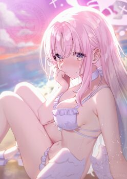 1girl backlighting bikini blue_archive blush breasts cello choker closed_mouth commentary_request crossed_bangs dutch_angle ear_blush feet_out_of_frame frilled_bikini frills from_side gradient_eyes gradient_hair hair_behind_ear halo highres instrument knees_up large_breasts long_hair long_sidelocks looking_at_viewer looking_to_the_side low_wings mika_(blue_archive) multicolored_eyes multicolored_hair navel nose_blush ocean outdoors pink_hair pink_sky reclining segawa_luna sidelocks sky solo straight_hair sunlight sunset sweatdrop swimsuit turning_head watermark white_bikini white_choker white_halo white_wings wings