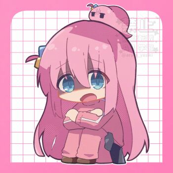 1girl absurdres arata_yasiki black_skirt blue_eyes bocchi_the_rock! border chibi chibi_only commentary_request cube_hair_ornament gotoh_hitori gotoh_hitori_(tsuchinoko) grid_background hair_between_eyes hair_ornament highres jacket knees_up long_bangs long_hair long_sleeves looking_at_viewer miniskirt no_nose open_mouth outline outside_border pants pants_under_skirt pink_border pink_hair pink_jacket pink_pants shaded_face sitting skirt solo track_jacket track_pants twitter_username very_long_hair watermark white_background white_outline