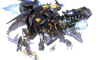 arikanrobo claws dinomorphia_rexterm dinosaur duel_monster eyes_visible_through_hair full_body jet_engine no_humans non-humanoid_robot open_mouth robot robot_animal sharp_teeth signature solo teeth tyrannosaurus_rex yu-gi-oh!