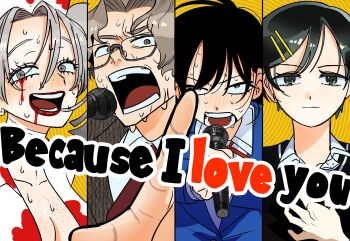 1boy 3girls :d :| absurdres bandaged_neck bandages black_hair blood blood_on_face body_freckles breasts brown_eyes brown_hair brown_jacket chest_freckles cleavage closed_mouth collared_shirt column_lineup commentary_request english_text fake_blood freckles futsuu_no_keion-bu glasses green_eyes grey_eyes grey_hair hair_ornament hairpin halloween_costume hand_on_own_chest hat hatono_chihiro highres holding holding_microphone jacket kouyama_rin lyrics microphone multiple_girls music neck_ribbon necktie no_bra nurse nurse_cap official_alternate_costume official_alternate_hairstyle open_clothes open_mouth open_shirt pixie_cut portrait qrioic74 red_lips red_necktie red_ribbon ribbon sanpaku sashikawa_keiichi shirt short_hair singing smile sweat teacher_and_student teeth tsuru_asaka upper_body white_shirt