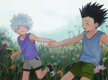 2boys ^_^ black_hair closed_eyes flower gon_freecss grass holding_hands hunter_x_hunter killua_zoldyck male_focus mizukiyoi multiple_boys open_mouth outdoors shirt shoes short_hair shorts sky sleeveless sleeveless_shirt smile spiked_hair white_hair