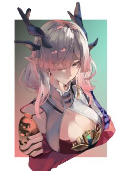 Rule 34 | 1girl, 80illu, absurdres, arknights, arknights: endfield, breasts, cleavage, cleavage cutout, clothing cutout, commentary request, cropped torso, crossed arms, detached sleeves, dragon girl, dragon horns, dress, eyes visible through hair, gradient hair, grey hair, hair over one eye, highres, horns, large breasts, looking at viewer, medium hair, mi fu (arknights), multicolored hair, pink hair, red dress, signature, solo, two-tone hair, yellow eyes