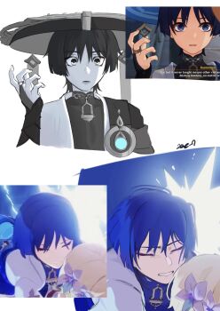 1boy 1girl armor artist_name black_bodysuit blonde_hair blue_flower blue_gem blue_hair blunt_ends bodysuit bridal_gauntlets cape carrying carrying_person choppy_bangs clenched_teeth closed_eyes covered_collarbone cropped_torso curled_fingers eyeliner facing_viewer flower furrowed_brow game_screenshot_inset gem genshin_impact hair_flower hair_ornament hand_up hashtag-only_commentary hat highres japanese_armor japanese_clothes jingasa kimono kote looking_at_viewer lower_teeth_only lumine_(genshin_impact) makeup mandarin_collar middle_ring multicolored_flower open_mouth pain parted_lips purple_rope red_eyeliner rope scaramouche_(genshin_impact) scene_reference screenshot_inset short_sleeves spoilers teeth vision_(genshin_impact) wanderer_(genshin_impact) white_background white_flower white_kimono white_sleeves wide-eyed zac-n