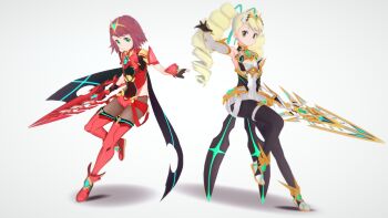 2girls 3d aegis_sword_(xenoblade) artist_request big_hair cosplay drill_hair green_eyes highres long_hair luna_platz_(mega_man) mega_man_(series) mega_man_star_force_(series) multiple_girls mythra_(massive_melee)_(xenoblade) mythra_(xenoblade) nintendo pantyhose pyra_(xenoblade) red_hair short_hair shorts simple_background sonia_strumm_(mega_man) source_request super_smash_bros. thigh_strap tiara white_background white_footwear xenoblade_chronicles_(series) xenoblade_chronicles_2