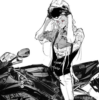 Rule 34 | 1boy, absurdres, bishounen, collared shirt, gloves, greyscale, half gloves, helmet, highres, holding, holding unworn helmet, long hair, male focus, monochrome, motor vehicle, motorcycle, motorcycle helmet, non-web source, on motorcycle, original, pants, partially colored, pulppunk001, red eyes, shirt, sleeves rolled up, solo, spot color, unworn headwear, unworn helmet, very long hair, vest, white background
