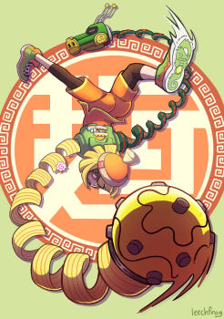 arms_(game) beanie blonde_hair bob_cut colored_extremities domino_mask dragon_(arms) extendable_limbs eye_mask green_eyes green_shoes hat knit_hat leechfrog leggings leggings_under_shorts mask megawatt_(arms) min_min_(arms) motion_blur open_mouth orange_hat orange_shorts shoes short_hair shorts solo