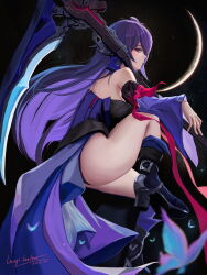 Rule 34 | 1girl, absurdres, ass, bare shoulders, black footwear, breasts, bug, butterfly, closed mouth, crescent, dated, detached sleeves, highres, holding, holding scythe, honkai: star rail, honkai (series), insect, long hair, looking at viewer, medium breasts, meginalter, moon, multicolored hair, purple eyes, purple hair, scythe, seele (honkai: star rail), signature, sitting, solo, thighs, two-tone hair, very long hair