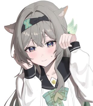 13_(jjusan13) 1girl animal_ears black_hairband blush bow bowtie cat_ears closed_mouth firefly_(honkai:_star_rail) firefly_(spring_missive)_(honkai:_star_rail) gradient_eyes gradient_hair green_bow green_bowtie green_pupils grey_hair hair_between_eyes hair_intakes hair_ornament hairband hand_in_own_hair highres honkai:_star_rail honkai_(series) long_hair long_sleeves multicolored_eyes multicolored_hair plaid_bow plaid_bowtie plaid_clothes simple_background solo sweatdrop white_background white_sleeves