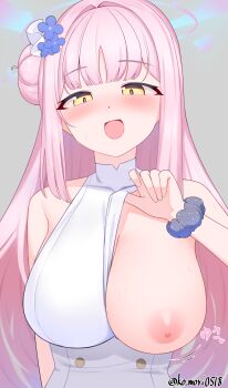 1girl bare_shoulders blue_archive blush bouncing_breasts breasts collarbone dress flower hair_bun hair_flower hair_ornament hair_ribbon halo highres huge_breasts koomori long_hair looking_at_viewer mika_(blue_archive) nipples one_breast_out open_mouth pink_hair pink_halo presenting_breasts purple_flower purple_scrunchie ribbon scrunchie simple_background single_side_bun smile solo starry_sky_print translation_request twitter_username white_dress white_ribbon wrist_scrunchie yellow_eyes