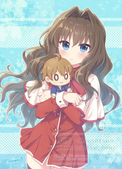 0_0 1girl blue_eyes blush bow brown_hair capelet character_doll closed_mouth commentary_request commission doll dress hair_between_eyes hair_intakes hugging_object kanon kitagawa_jun kousetsu long_hair long_sleeves looking_at_viewer misaka_kaori red_bow red_dress school_uniform short_hair skeb_commission solo thighhighs white_capelet white_wrist_cuffs wrist_cuffs